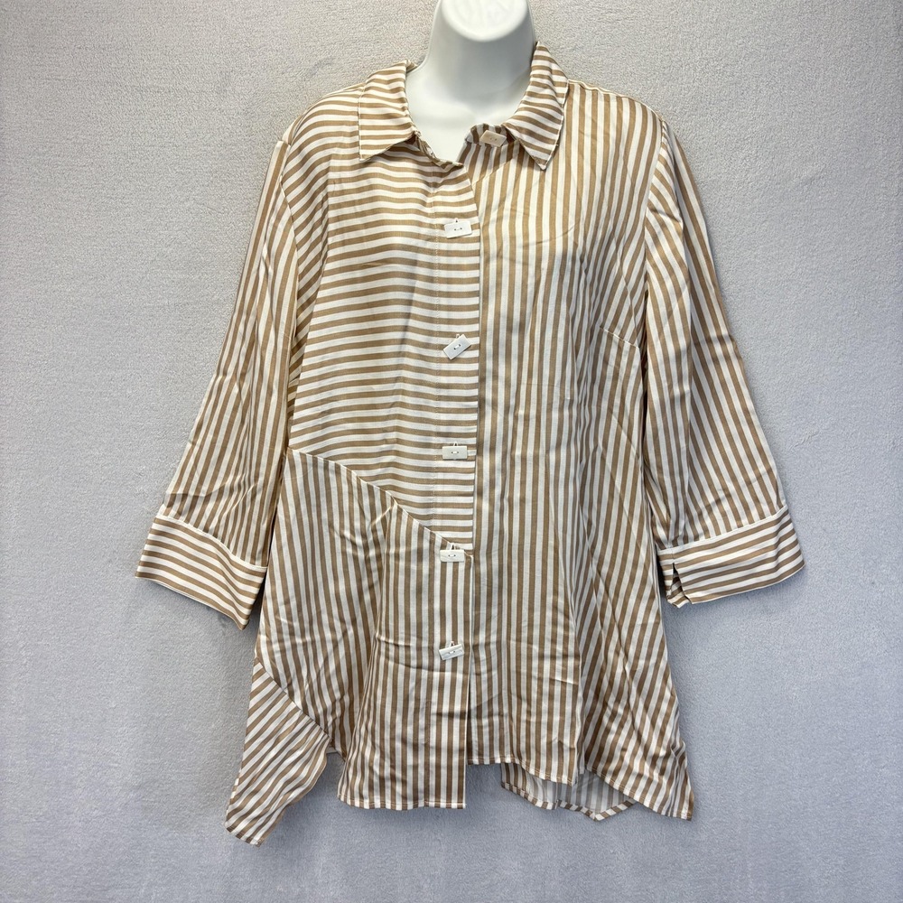 NEW Soft Surroundings Striped Button-Up Tunic Shirt Womens XL Beige Asymmetrical